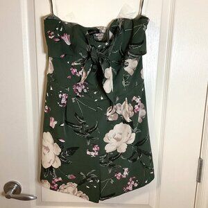Dynamite Women's Green Floral Strapless Romper With Front Tie Bow